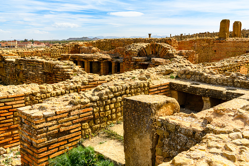 Ruins of Timgad, a Roman-Berber city in the Aures Mountains of Algeria. (Colonia Marciana Ulpia Traiana Thamugadi). UNESCO World Heritage Site