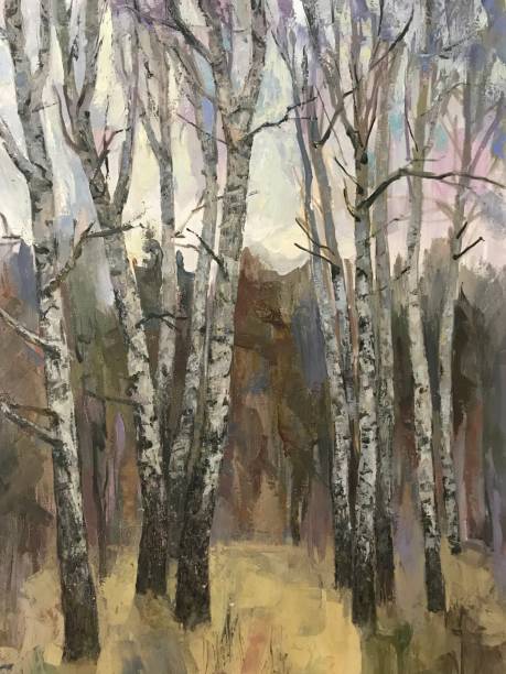 kolorowa ilustracja malarstwo olejne - birch tree birch forest tree stock illustrations
