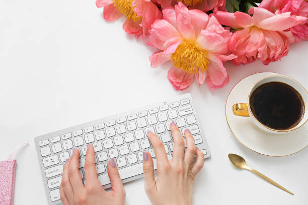 istock Flat lay, top view office table desk . feminine desk workspace 1012573014