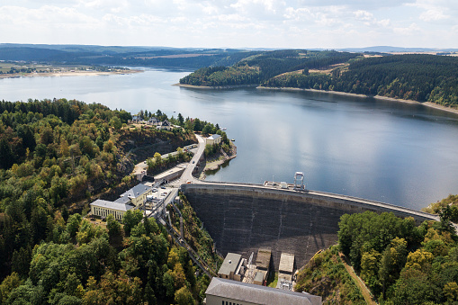 Hydroelectric Plant. Aerial view from the dam at Lake Schluchsee. Is ist a reservoir in the municipality of Schluchsee near St. Blasien in the district of Breisgau, Black forest, Baden-Wuerttemberg, Germany.