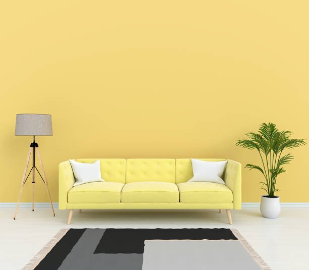 istock yellow sofa and lamp in living room, 3D rendering 1012590058