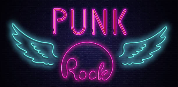 istock Punk rock neon colorful signboard on black bricklaying wall. 1012590748