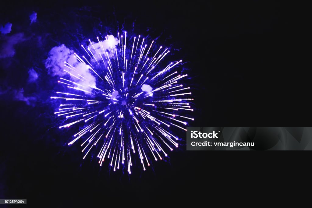 Stunning fireworks blue flowers on the night sky. Brightly fireworks on dark black color background. Holiday relax time with a pyrotechnic show. Festive event accompanied by holiday salves. Firework Display Stock Photo