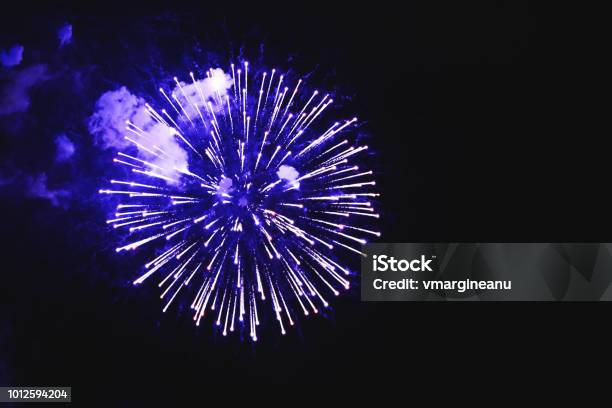 Stunning Fireworks Blue Flowers On The Night Sky Brightly Fireworks On Dark Black Color Background Holiday Relax Time With A Pyrotechnic Show Festive Event Accompanied By Holiday Salves Stock Photo - Download Image Now