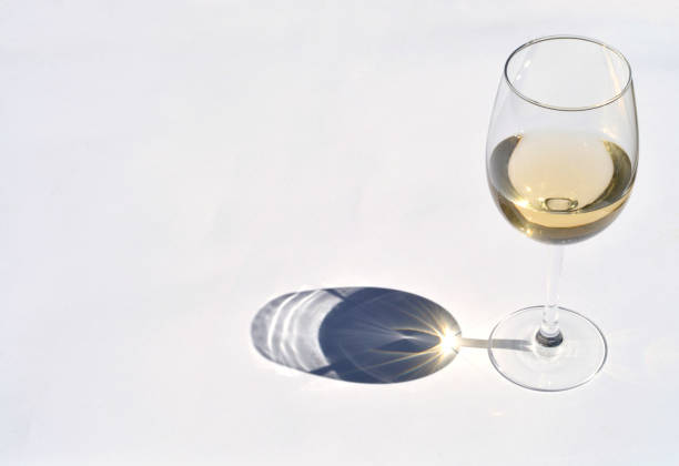 istock Glass of white wine in the sunlight  with shadow reflection effect and a empty copy space background 1012597264