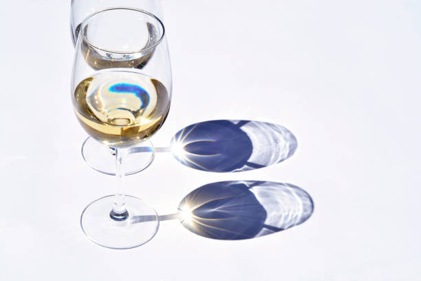 istock Glass of white wine in the sunlight  with shadow reflection effect and a empty copy space background 1012597400