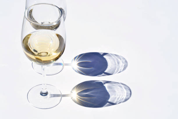 istock Glass of white wine in the sunlight  with shadow reflection effect and a empty copy space background 1012597434
