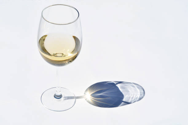 istock Glass of white wine in the sunlight  with shadow reflection effect and a empty copy space background 1012597486