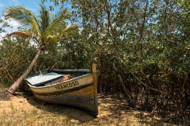 Porto Seguro, Bahia, Brazil - October, 22 2017: View of an antique wooden fishing boat at the beach in Trancoso a district of Porto Seguro, Bahia state - Brazil