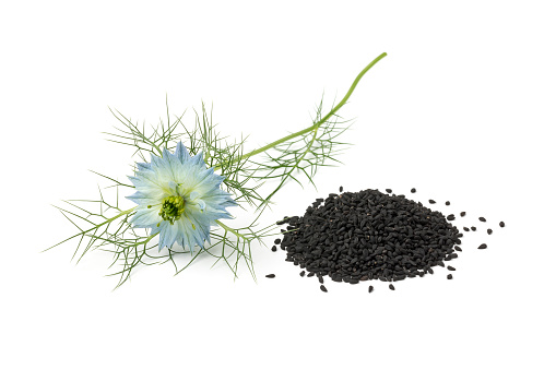 Heap of black nigella seeds and blue flower isolated on white background