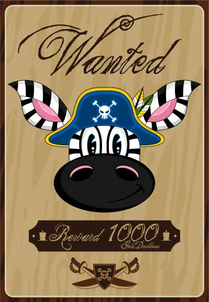 Vector illustration of Cute Cartoon Zebra Pirate Captain Wanted Poster