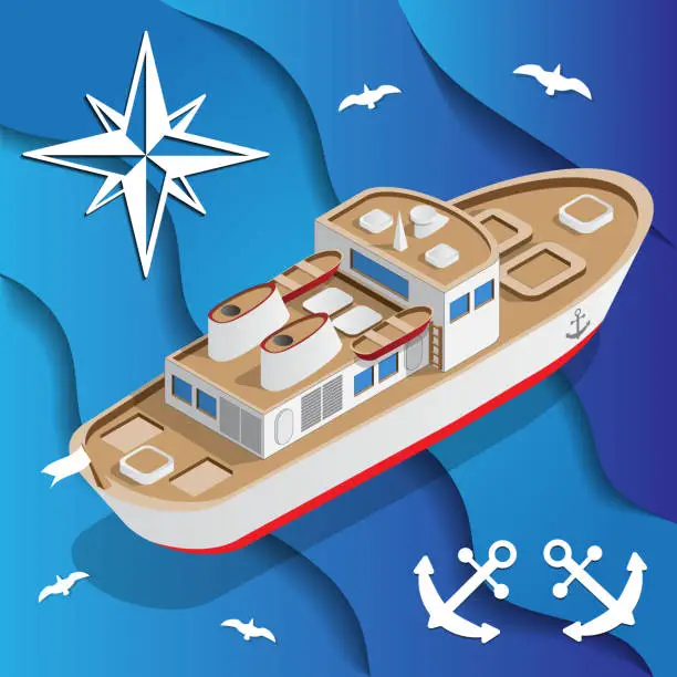 Vector illustration of The ship on the waves.