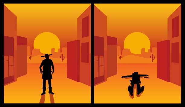 Wild west gunslinger. Background the city and desert. Color flat Wild west gunslinger. The shootout process of a cowboy is holding hands on pistols and and lies on the ground killed. Background the city and the desert. Color flat vector illustration texas road stock illustrations