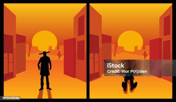Wild West Gunslinger Background The City And Desert Color Flat Stock Illustration - Download Image Now