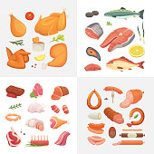 Different kind of meat food icons set vector. Raw ham, set grill chicken, piece of pork, meatloaf, whole leg, beef and sausages. Salmon fish and seafood