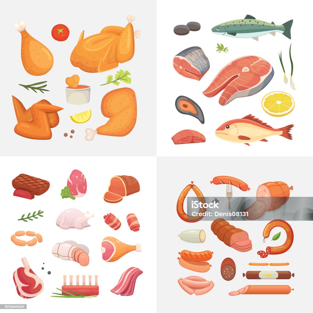Different kind of meat food icons set vector. Raw ham, set grill chicken, piece of pork, meatloaf, whole leg, beef and sausages. Salmon fish and seafood. Different kind of meat food icons set vector. Raw ham, set grill chicken, piece of pork, meatloaf, whole leg, beef and sausages. Salmon fish and seafood Chicken Meat stock vector
