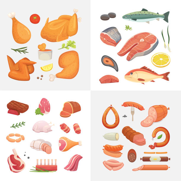 Different kind of meat food icons set vector. Raw ham, set grill chicken, piece of pork, meatloaf, whole leg, beef and sausages. Salmon fish and seafood. Different kind of meat food icons set vector. Raw ham, set grill chicken, piece of pork, meatloaf, whole leg, beef and sausages. Salmon fish and seafood barbecue meal illustrations stock illustrations