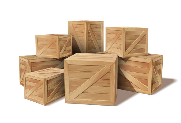 Pile of stacked sealed goods wooden boxes Pile of stacked sealed goods wooden boxes. Delivery, cargo, logistic and transportation warehouse storage concept. Vector illustration isolated on white background. wood box stock illustrations