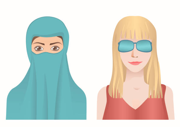 Female avatars set. The Muslim woman covers the face and wear a niqab. The secular woman covers her eyes with glasses. Different cultures traditional clothing. Vector illustration EPS-8. burka stock illustrations