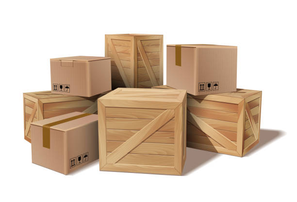 Pile of stacked goods cardboard and wooden boxes. Pile of stacked sealed goods cardboard and wooden boxes. Delivery, cargo, logistic and transportation warehouse storage concept. Vector illustration isolated on white background. crate stock illustrations