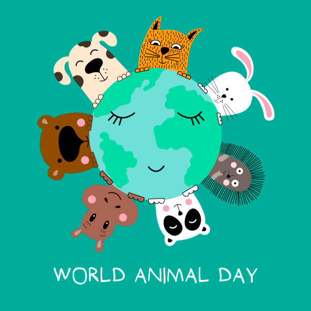 stockillustraties, clipart, cartoons en iconen met banner met een kat, hond, panda, beer, nijlpaard, konijn en egel. - dierendag