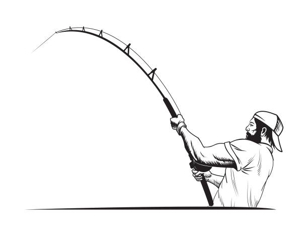 ilustrações, clipart, desenhos animados e ícones de pescador no tampão do esporte com a vara de pesca - fishing rod fishing fishing reel casting