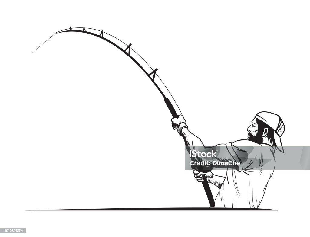 Fisherman in sport cap with fishing rod Sketch style vector illustration of fisherman holding a fishing rod Fishing stock vector