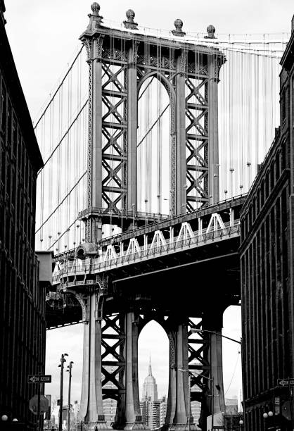 DUMBO Brooklyn Bridge View Black and white view of the Manhattan Bridge from DUMBO Brooklyn brooklyn bridge photos stock pictures, royalty-free photos & images