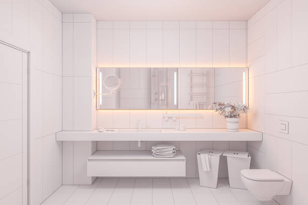 istock 3d illustration Interior design of a modern bathroom without textures and colors 1012740640