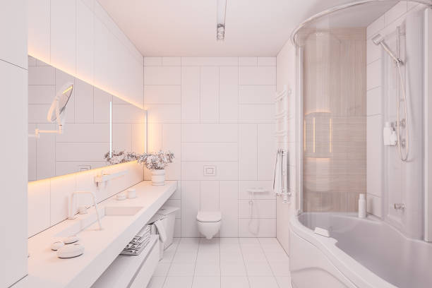 istock 3d illustration Interior design of a modern bathroom without textures and colors 1012740656