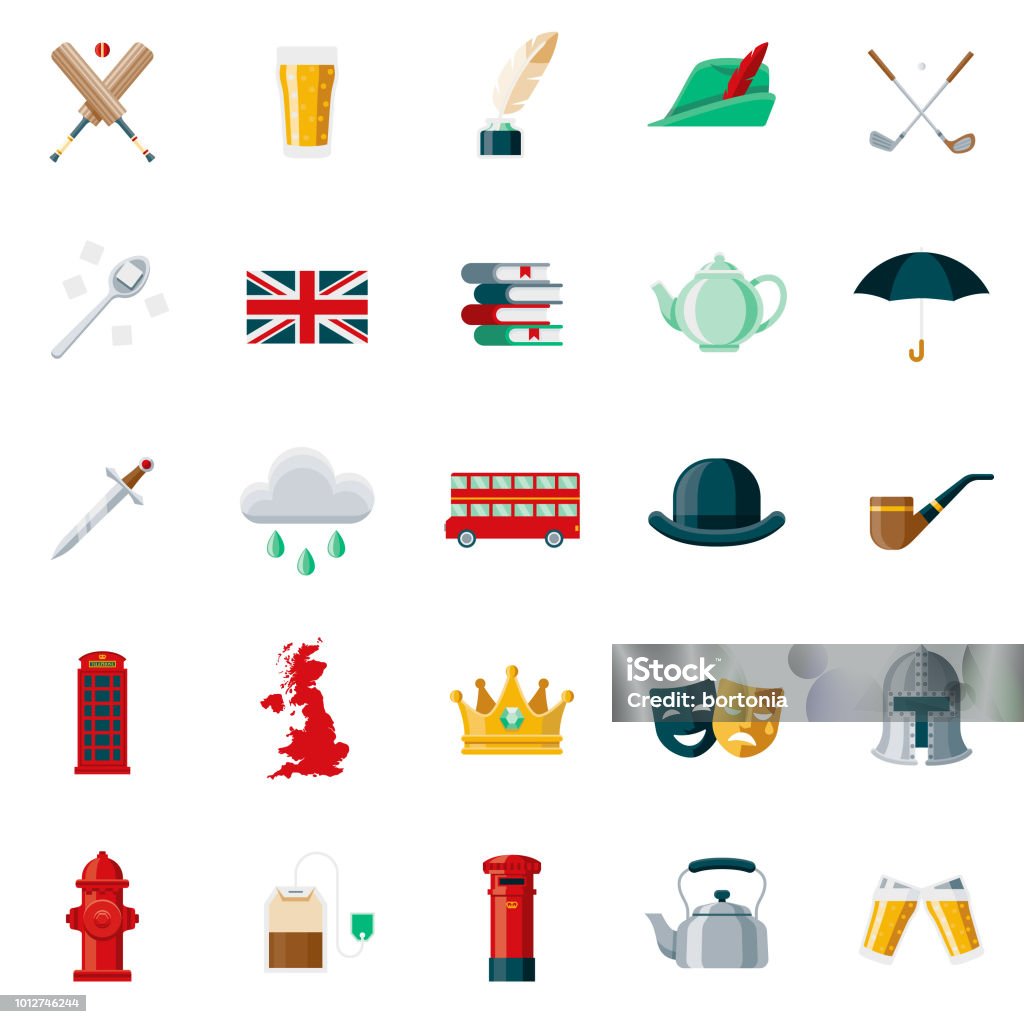 United Kingdom Flat Design Icon Set A set of flat design styled United Kingdom icons with a long side shadow. Color swatches are global so it’s easy to edit and change the colors. File is built in the CMYK color space for optimal printing. Icon Symbol stock vector