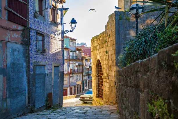 Early morning in Porto. Portugal. One of quiet and beautiful old streets of old Porto.