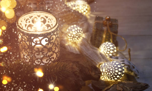 istock Cosy and soft winter background, knitted sweater and lights 1012768018
