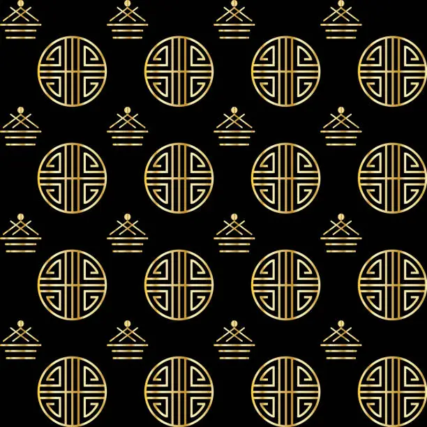 Vector illustration of Vector Chinese Oriental traditional pattern Gold Ornament on black background