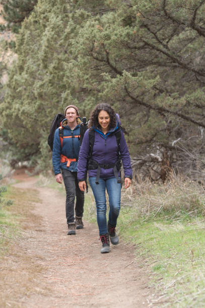 istock Two friends backpack along a dry wilderness trail together 1012811370
