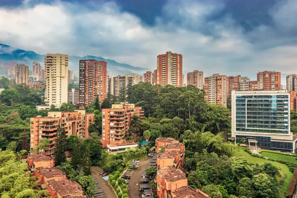 Panoramic view at the condominium, apartment buildings at  exclusive area of Medellin called El Poblado, Colombia.