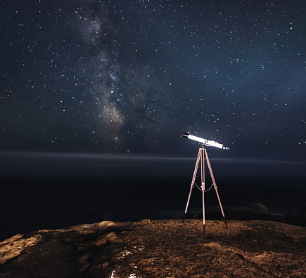 Observing the Summer Milky Way with a refractor telescope.  Long exposure.