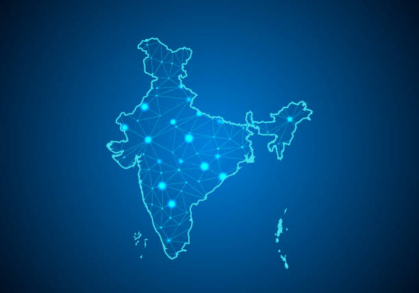istock Abstract mash line and point scales on dark background with Map of india. Wire frame 3D mesh polygonal network line, design sphere, dot and structure. communications map of india.Vector illustration 1012870110