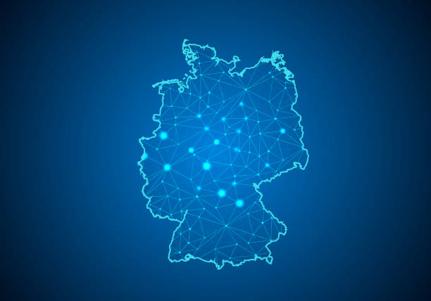 抽象飼料線和點鱗片在黑暗的背景與德國的地圖。線框3d 網格多邊形網路線, 設計球面, 網點和結構。德國的通信地圖。向量插圖 - germany 幅插畫檔、美工圖案、卡通及圖標