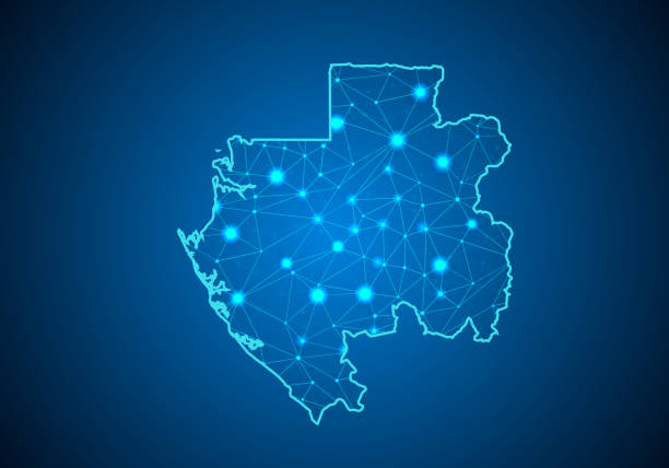 istock Abstract mash line and point scales on dark background with Map of gabon. Wire frame 3D mesh polygonal network line, design sphere, dot and structure. communications map of gabon. Vector. 1012870438