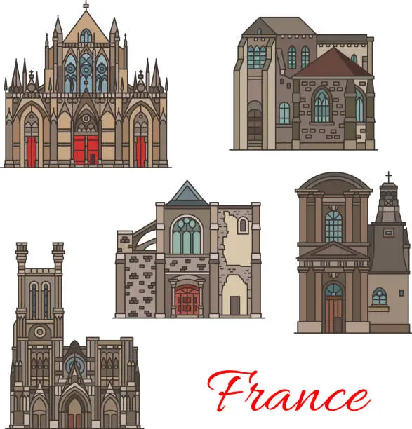 Vector illustration of French travel landmark icons, Troyes architecture