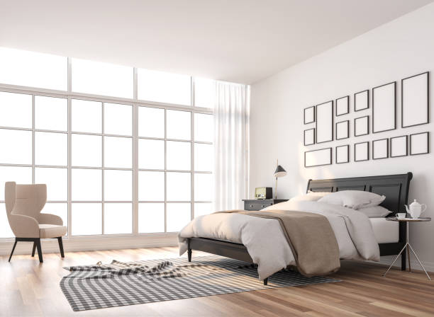 istock Scandinavian bedroom with large window 3d render 1012886414