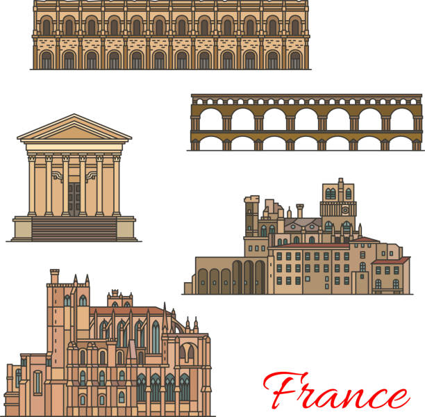 ilustrações de stock, clip art, desenhos animados e ícones de french travel landmarks with buildings and bridges - amphitheater