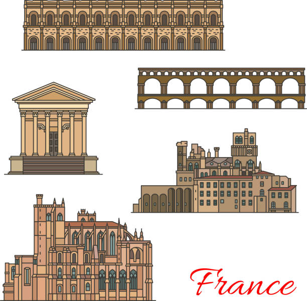 French travel landmarks with buildings and bridges Travel landmarks of France icons with ancient Roman Empire and medieval European architecture. Cathedral of St Just and Nazaire, Ancient Roman Aqueduct Bridge, Corinthian Temple and Arena of Nimes amphitheater stock illustrations