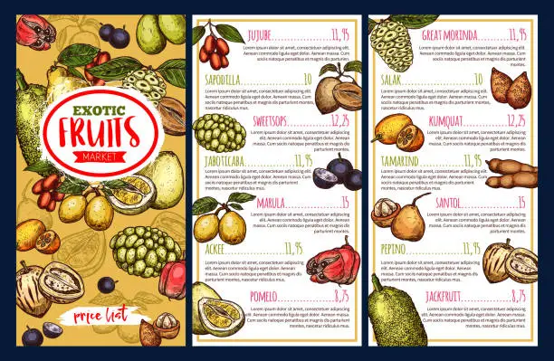 Vector illustration of Exotic fruits and tropical berries price list