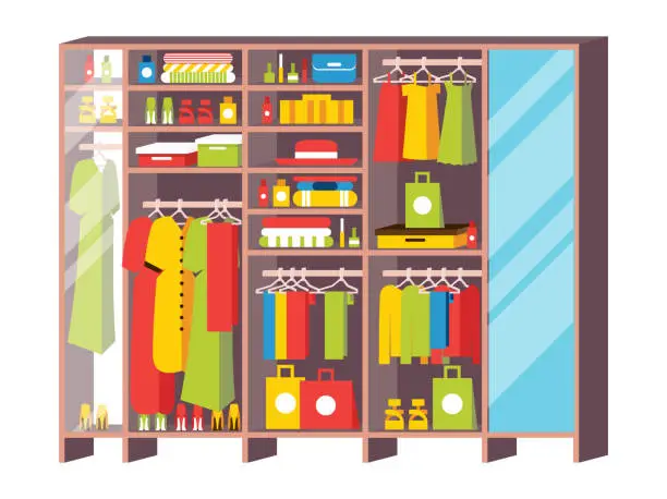 Vector illustration of Wardrobe Closet with Drawers and Shelves From Dressing Room Isolated on White.