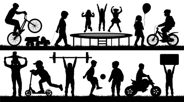 ilustraciones, imágenes clip art, dibujos animados e iconos de stock de infancia, los niños, diferentes eventos. niños jugando al aire libre, silueta vector set - cycling teenager action sport