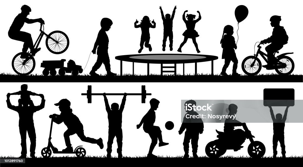 L’enfance, les enfants, les différents événements. Les enfants qui jouent en plein air, silhouette vecteur défini - clipart vectoriel de Silhouette - Contre-jour libre de droits