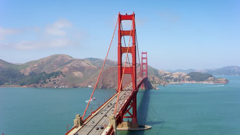 AERIAL Beautiful Golden Gate Bridge in San Francisco, California on a sunny day