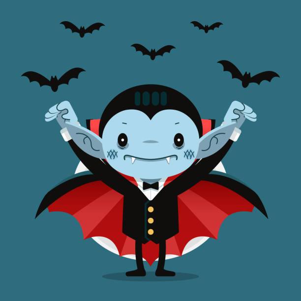 lucu kartun kecil drakula tersenyum - vampir ilustrasi stok